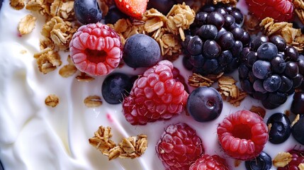 Greek yogurt granola and berry mix Top view