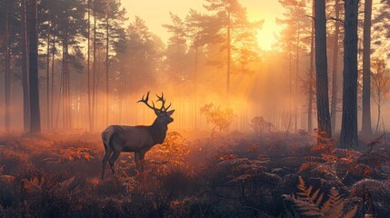Beautiful forest landscape of foggy sunrise in forest with red deer stag