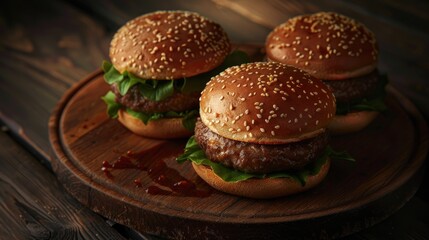 Beef burgers on wooden plate