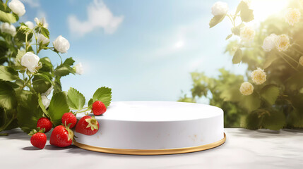 The Fresh Strawberry Podium Display of Sweet Fusion of Elegance and Freshness. Ideal for use in restaurant marketing, food blogs, social media posts, and advertising campaigns.