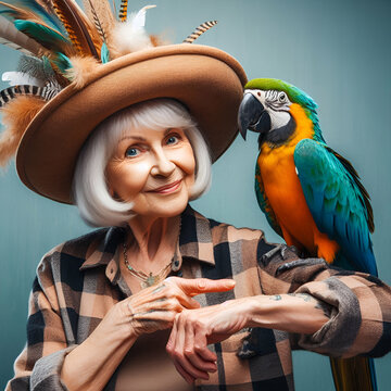 Portrait of An Attractive Elderly Senior Old Female Woman Lady in a Funny Hat Holding Out Her Arm Hand with Colorful Blue & Yellow Domestic Macaw Bird Sitting on it. Fun & Love Birthday Greeting Card