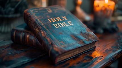 An old and worn sacred bible in sepia tones on a table. Rustic holy Bible with leather cover and yellowed pages.