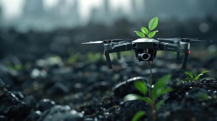 Reforestation is showcased in an ultramodern, supernatural scene, with copy space, featuring advanced drones planting trees in devastated areas, bringing life back to the planet