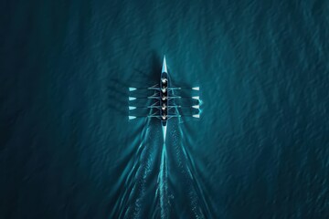 Rowing competitions come to life in ultramodern, supernatural scenes, with copy space, featuring sleek boats and synchronized teams rowing through futuristic waters