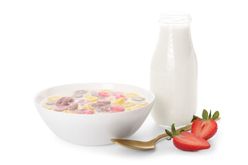 Bowl with colorful sweet cereal rings, bottle of milk and cut strawberry on white background