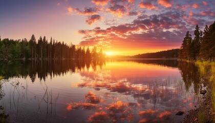 Obraz premium Vibrant Sunset Over Calm Lake with Beautiful Reflections and Forest Views