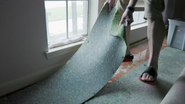 man removing wet carpet from hurricane damage