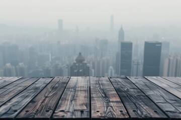 The minimalist wooden table top takes center stage in an ultramodern, supernatural scene, with copy space, against the hazy backdrop of a bustling, futuristic metropolis