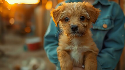 Adorable puppy being held by a person with a warm, golden background. Perfect for themes of pets, companionship, and warmth.