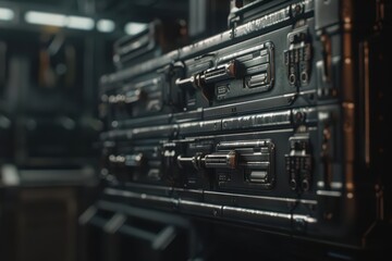 Obraz premium Tool chests are presented in ultramodern, supernatural scenes, with copy space, featuring intelligent storage solutions and digital inventory systems for seamless organization