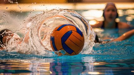 A volleyball ball hitting water in a pool with people playing, AI