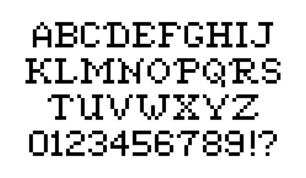 Pixel font set. Large letters and numeral units in pixel art style for computer display. Pixel 8 bit alphabet. Arcade game font.