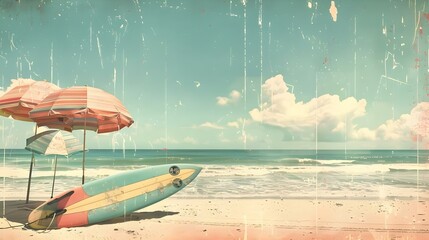 Vintage beach scene with pastel-colored umbrellas