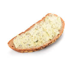 Bread slice with fresh butter on white background