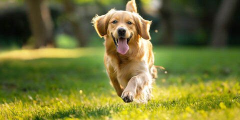 Golden retriever dog running happily in a green field
