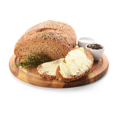 Wooden board of bread slices with fresh butter, peppercorn and salt on white background