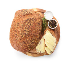 Wooden board of bread slices with fresh butter, peppercorn and salt on white background