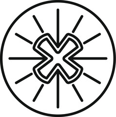 Simple black and white round button icon with a cross shape shining brightly in the center