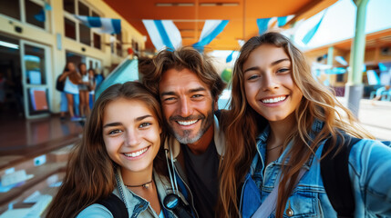Fototapeta premium family taking selfie, photo for father and daughters.