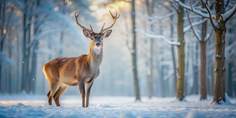 Obraz premium A beautiful deer standing gracefully in a snowy forest , winter, wildlife, nature, majestic, cold, snowflakes, woodland