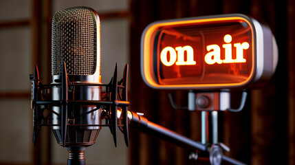 microphone and broadcast equipment, podcast audio studio, on air lamp.