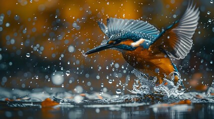 Kingfisher diving into river with dramatic splash