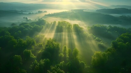 Misty rural landscape at sunrise with long shadows