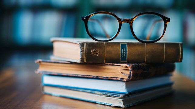 A pair of reading glasses on a stack of books, eyewear, with copy space