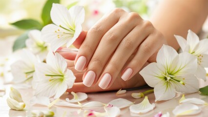 Fototapeta premium A woman's hands with manicured nails and flowers on a table, AI