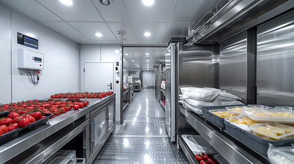 Refrigeration chamber for food storage. There are vegetables and fruits on the shelves in an industrial refrigerator.