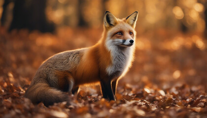 A red fox standing on a hillside covered in wildflowers, with the morning sun casting 
