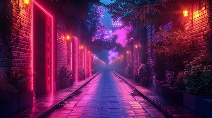 Urban graffiti art on buildings with neon lights at night