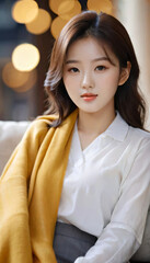 Young asian woman posing sitting on a sofa with yellow blanket