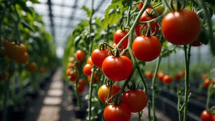 Beautiful red ripe tomatoes grown in a greenhouse and ready to harvest. AI Generative.