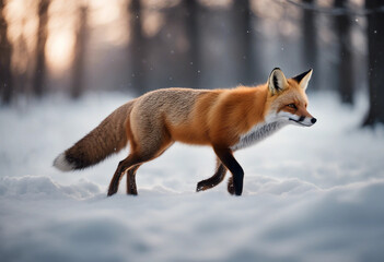 Obraz premium A red fox trotting through the snowy forest, twilight 