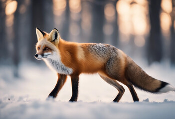 Obraz premium A red fox trotting through the snowy forest, twilight 