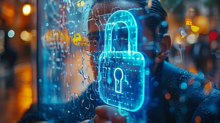 A man peers through a rain-soaked window displaying a glowing digital padlock, symbolizing cybersecurity and data protection. Perfect for illustrating security concepts in technology and IT.