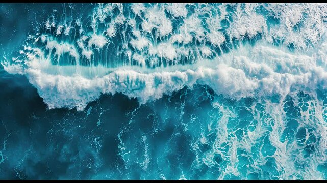 An aerial photograph capturing a breaking wave in the ocean, showcasing the blue water, white foam, and the dynamic motion of the surf.