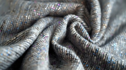 Fototapeta premium A close-up of shimmering silver fabric with intricate folds, capturing the light beautifully. Perfect for fashion design, textile projects, and luxury product photography.