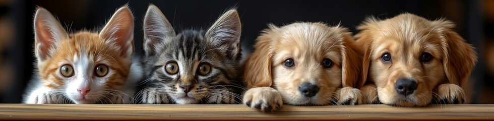 Cute kitten, white cat and golden retriever puppy peeking over the edge of an empty table isolated on a clear background