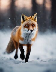 Fototapeta premium A red fox trotting through the snowy forest, twilight 