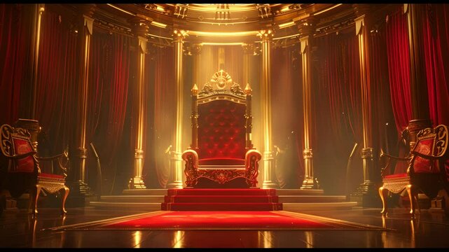 A grand throne room with a large, ornate throne in the center, surrounded by red curtains and gold accents.
