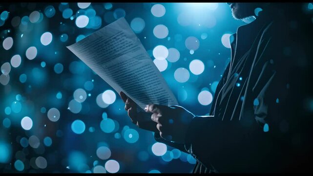 A man is reading a document with a blue light behind him, the blue lights appear to be sparkling or bokeh.