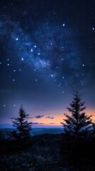 Naklejka premium The stars at the top paint a dreamy night sky, and Ball's star, Meg CJ, and Taurus show interstellar details. The starry night sky over the mountains, where stars like Bohr could be seen on the distan