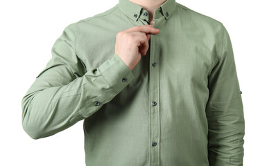 Young man in stylish green collar shirt on white background, closeup