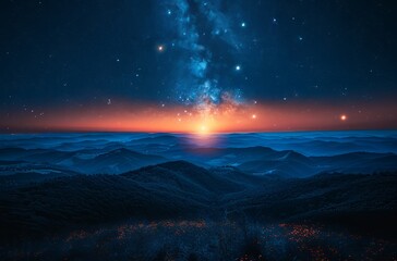 Naklejka premium The stars at the top paint a dreamy night sky, and Ball's star, Meg CJ, and Taurus show interstellar details. The starry night sky over the mountains, where stars like Bohr could be seen on the distan