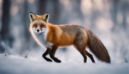 Obraz premium A red fox trotting through the snowy forest, twilight 