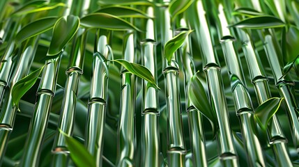 Fototapeta premium Close-up of fresh green bamboo stalks and leaves, showcasing their natural beauty and texture. Perfect for themes related to nature, tranquility, and sustainable design projects.