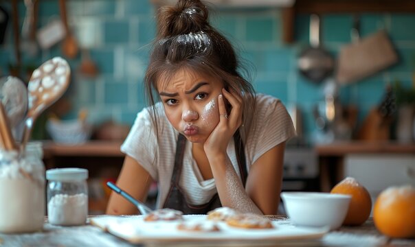 woman in her bto kitchen looking frustrated with flour on her cheek and clothes, holding a pen and a notepad in her hand looking at the camera with a frown