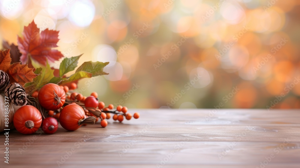 Canvas Prints A table with a bunch of pumpkins and leaves on it